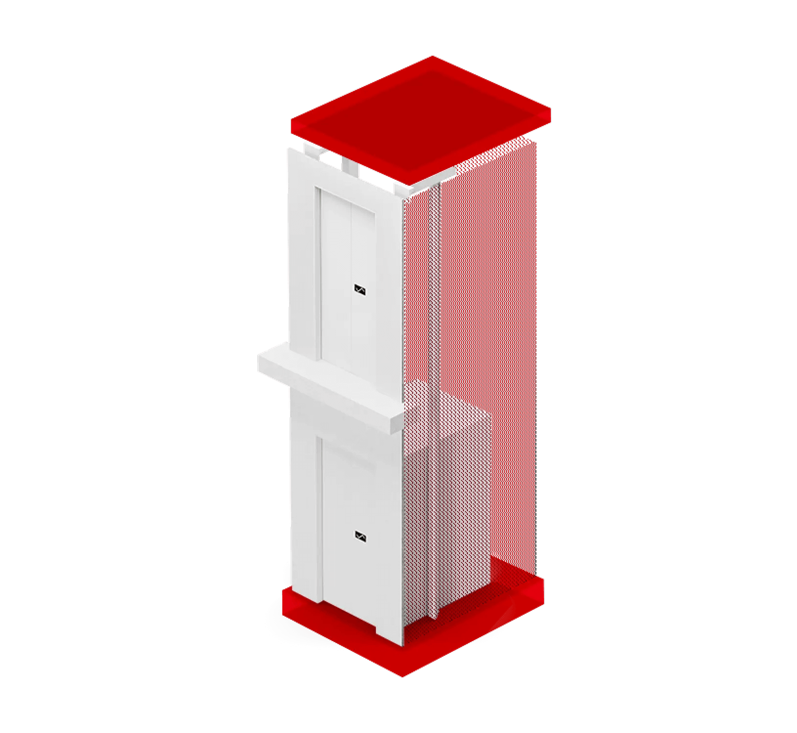 Illustration d’un ascenseur Schindler X8 avec un filet de sécurité rouge et des portes blanches